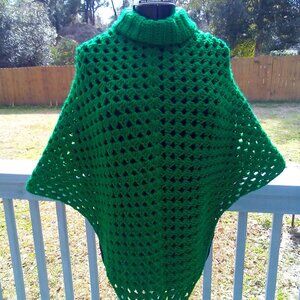 Handed Crafted Granny Square Short Poncho, Size Medium, Color Green.